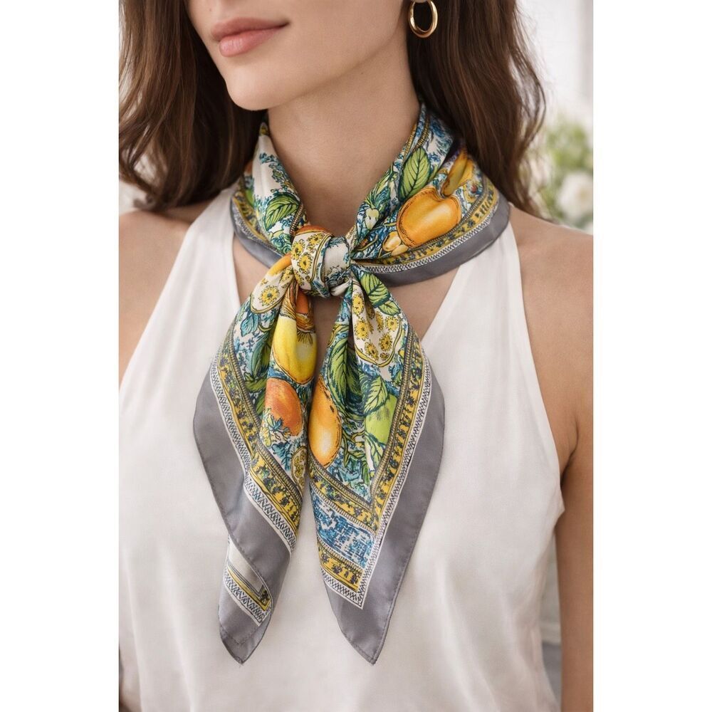 Fruit Print Square Scarf Orange Lemon Pattern Neck Scarf Bag Mediterranean 27x27